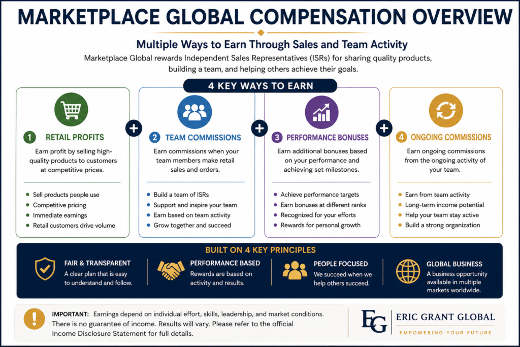 Marketplace Global compensation plan overview showing potential ways Independent Sales Representatives may earn from sales and team activity.