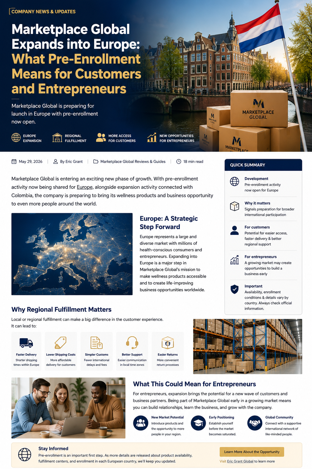 Marketplace Global Europe pre-enrollment and expansion infographic for customers and entrepreneurs in 2026