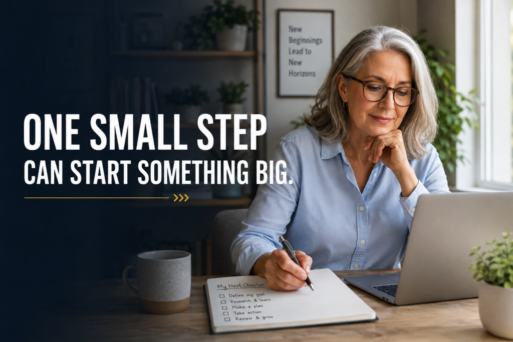 Person taking the first small step towards a new goal after 50