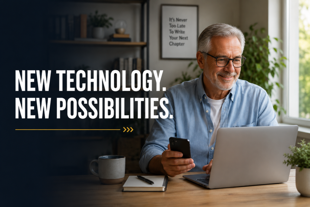 Mature adult using technology to explore new online opportunities